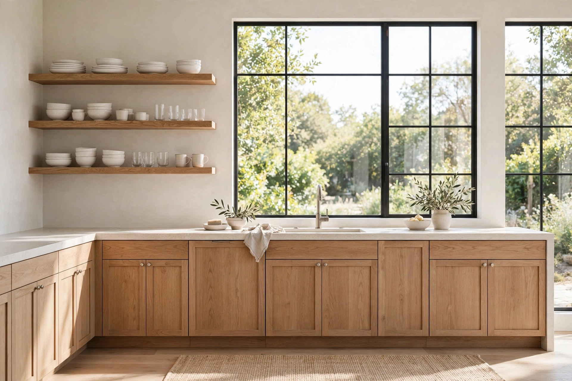 Open kitchen shelving ideas replacing upper cabinets with three airy oak shelves.