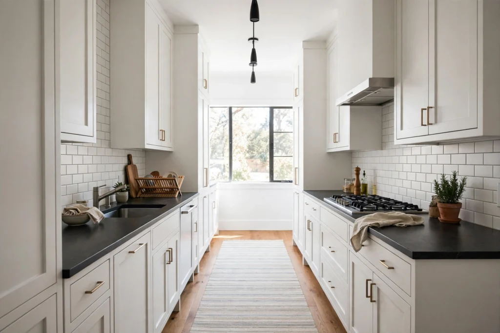 Kitchen rug ideas with a long striped runner down the center of a galley kitchen.