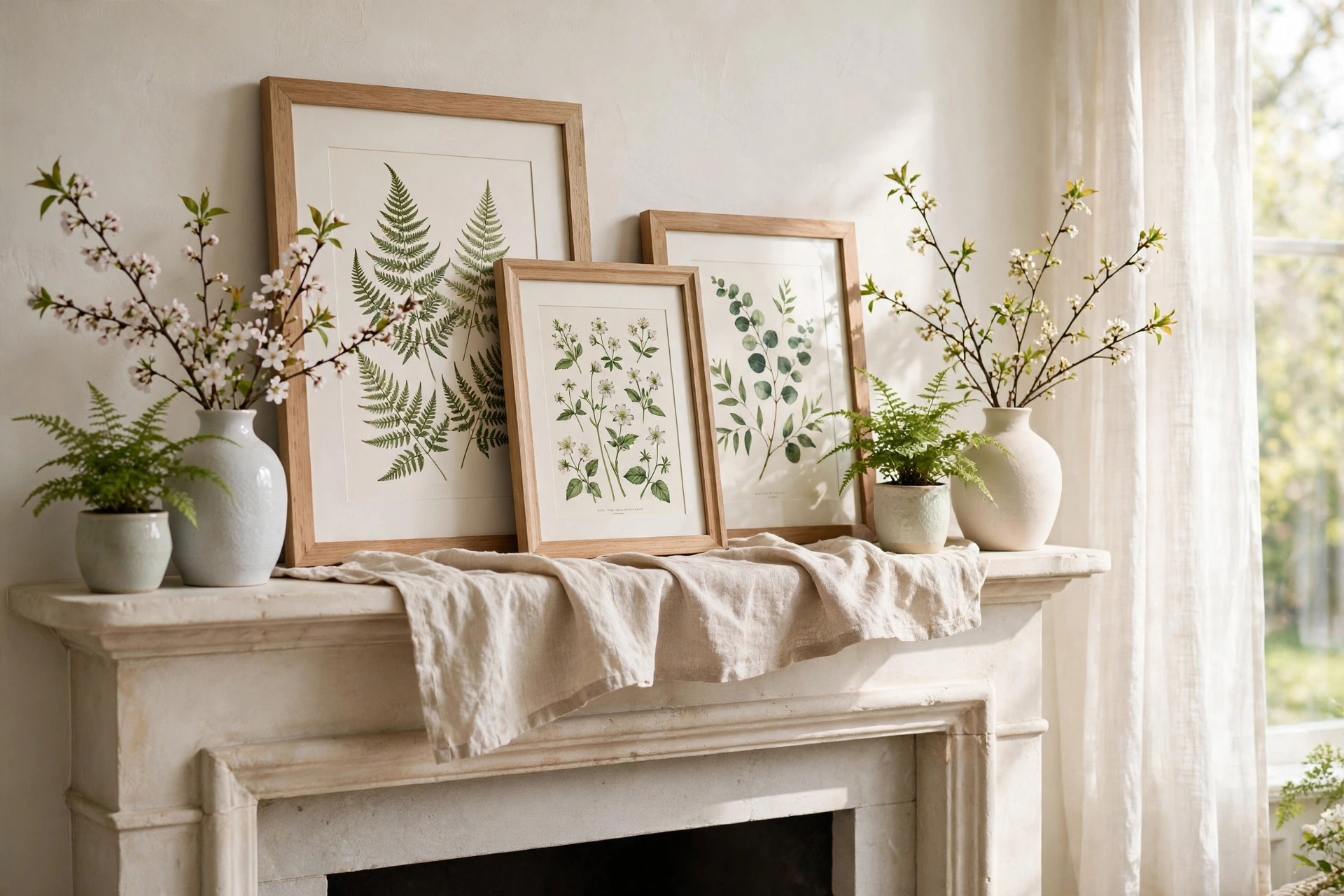 Fireplace mantel decor ideas with botanical prints and light spring textures.