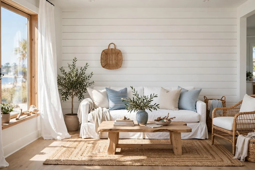 Living room accent wall ideas with horizontal white shiplap behind a slipcovered sofa in a sunlit coastal living room.