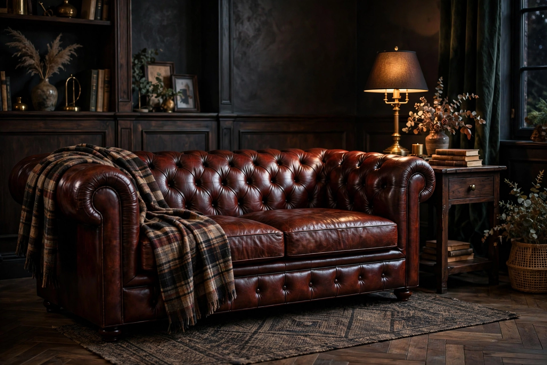 Dark academia living room with an oxblood leather chesterfield sofa, plaid wool throw, and dark wood side table.