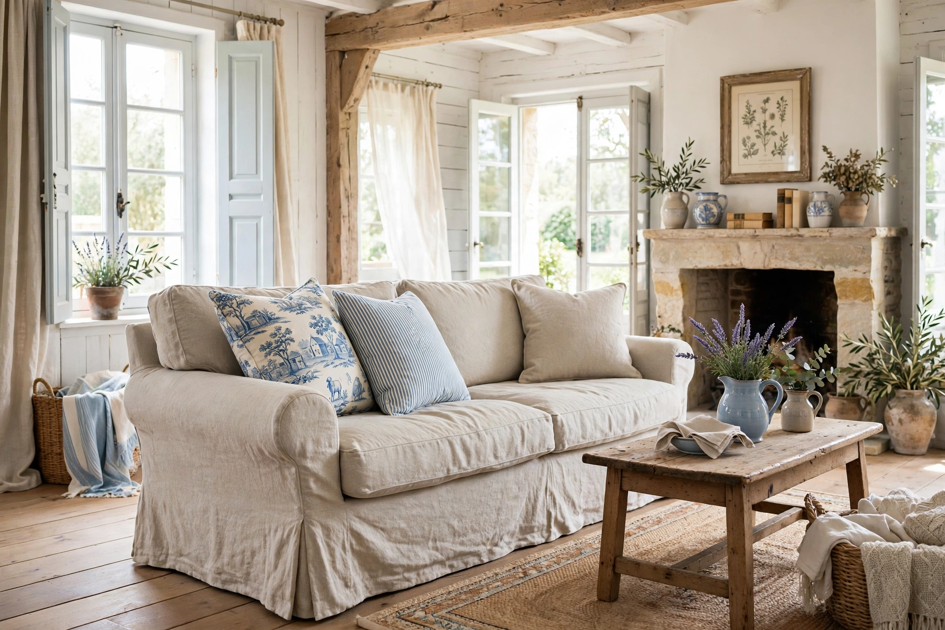 French country living room with an oatmeal linen slipcovered sofa layered with toile and striped cushions.