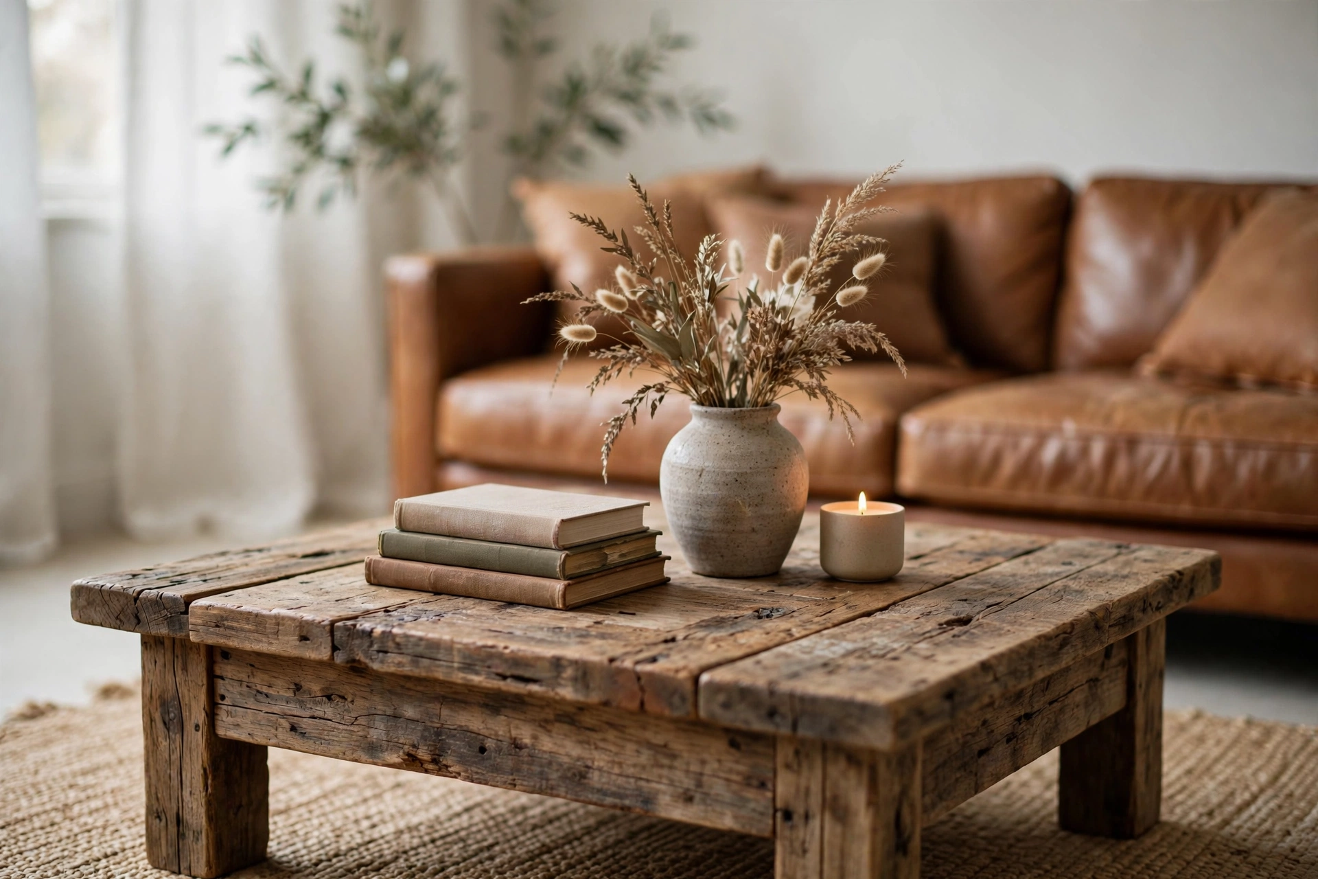 Reclaimed wood coffee table with books, stoneware vase and candle in rustic living room