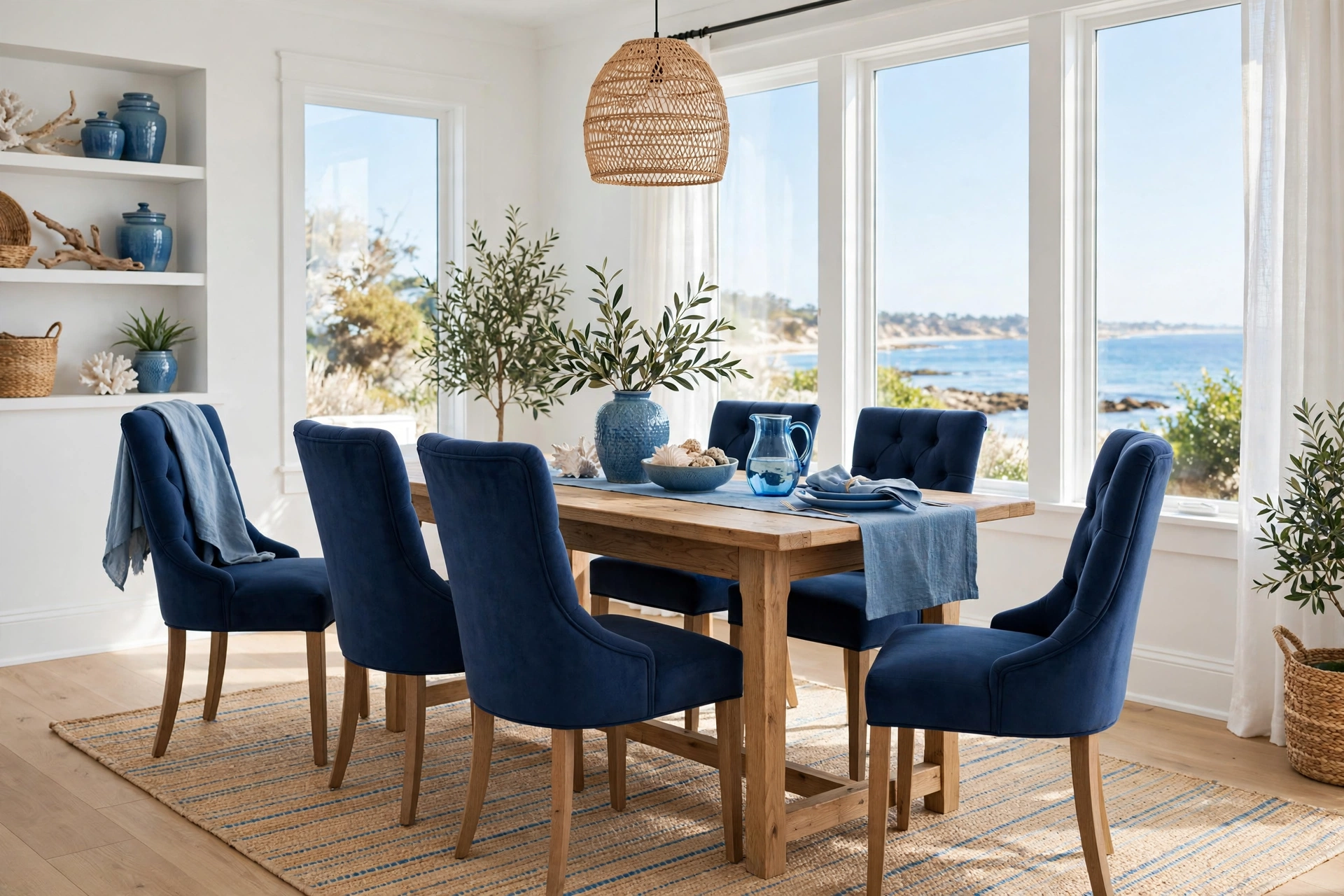 Coastal dining room ideas with crisp white walls, navy upholstered host chairs, and sea blue accents.