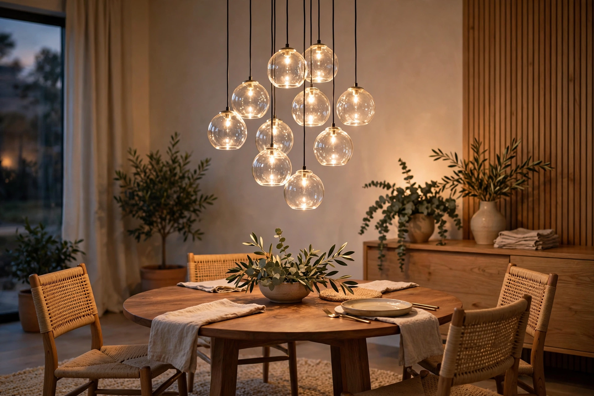 Dining room lighting ideas with a cluster of small glass globe pendants at staggered heights over a round table.