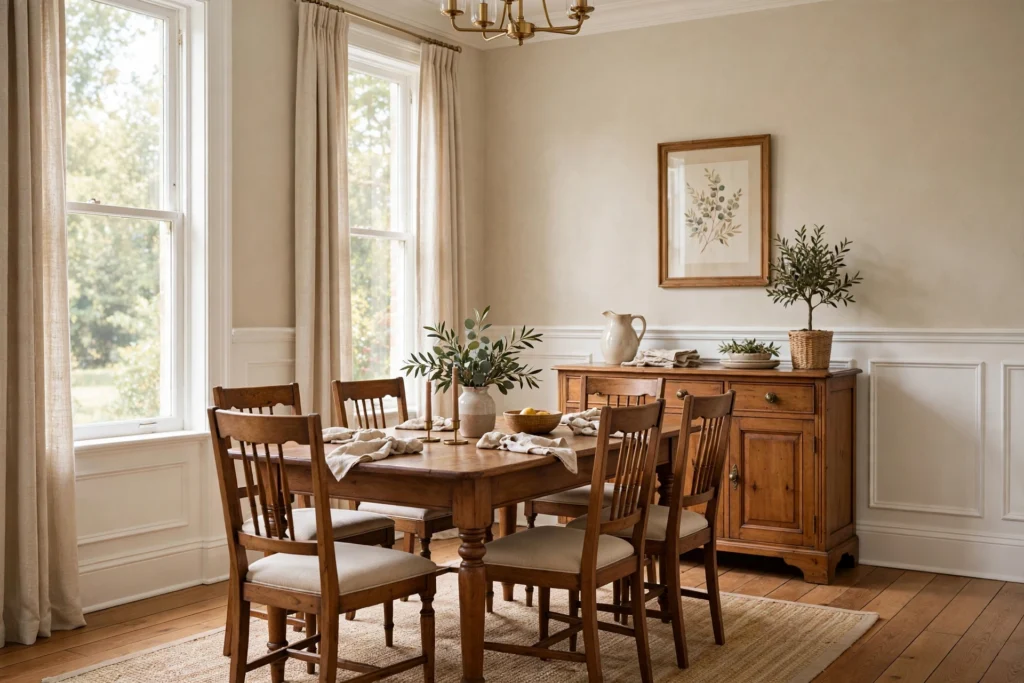Traditional dining room with white wainscoting and chair rail molding below soft beige walls and a wood dining set.