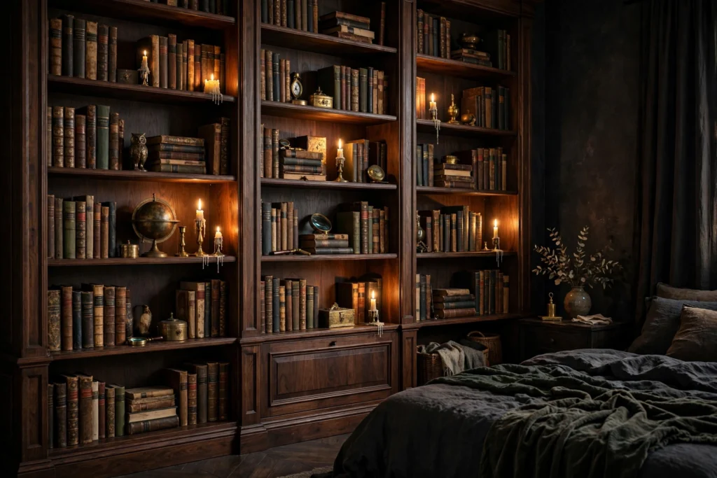 Floor-to-ceiling dark wood bookshelf filled with classic books, brass objects, and candles in a moody bedroom.