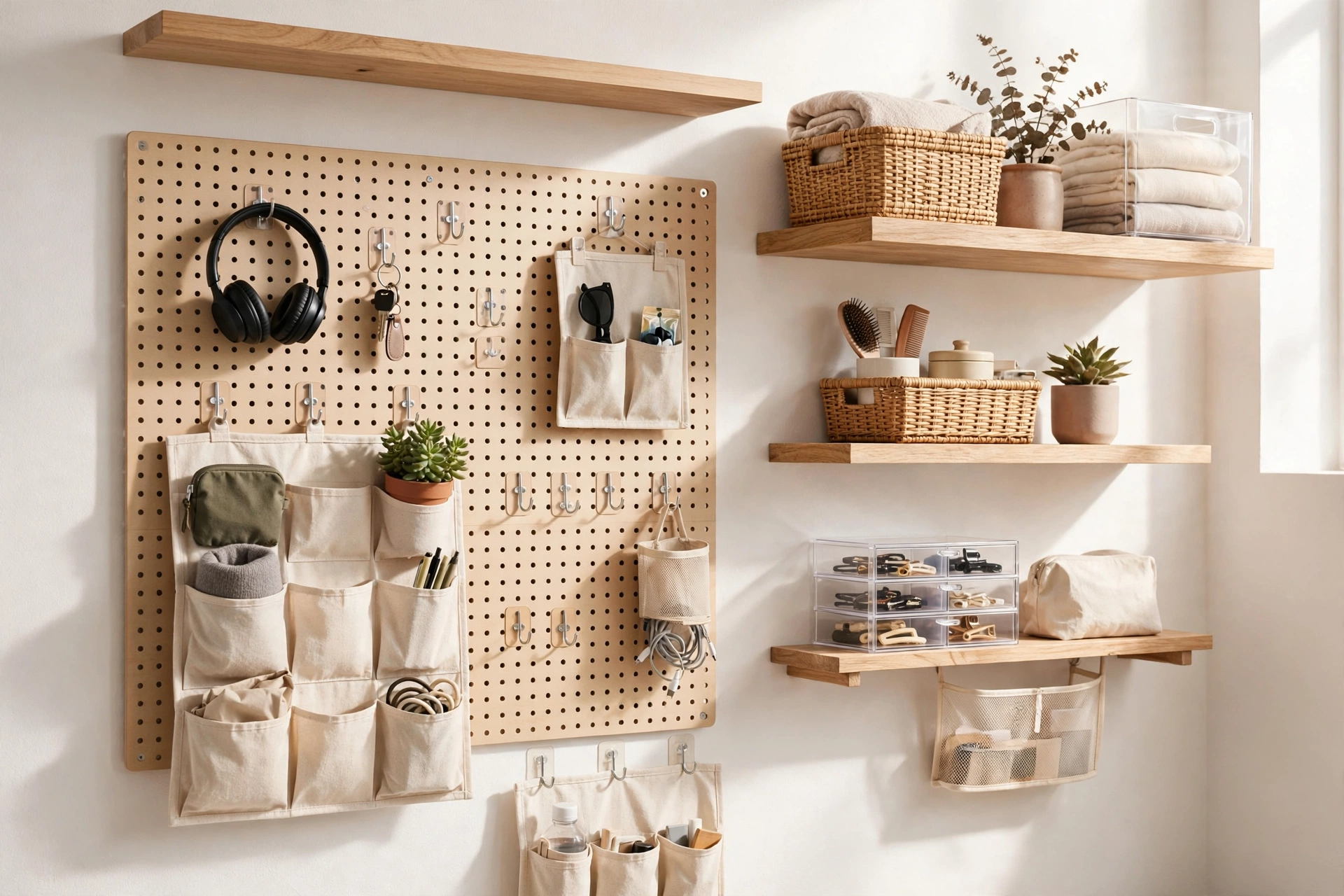 Dorm room wall with pegboard, adhesive hooks, hanging organizers, and shelves maximizing vertical storage space.