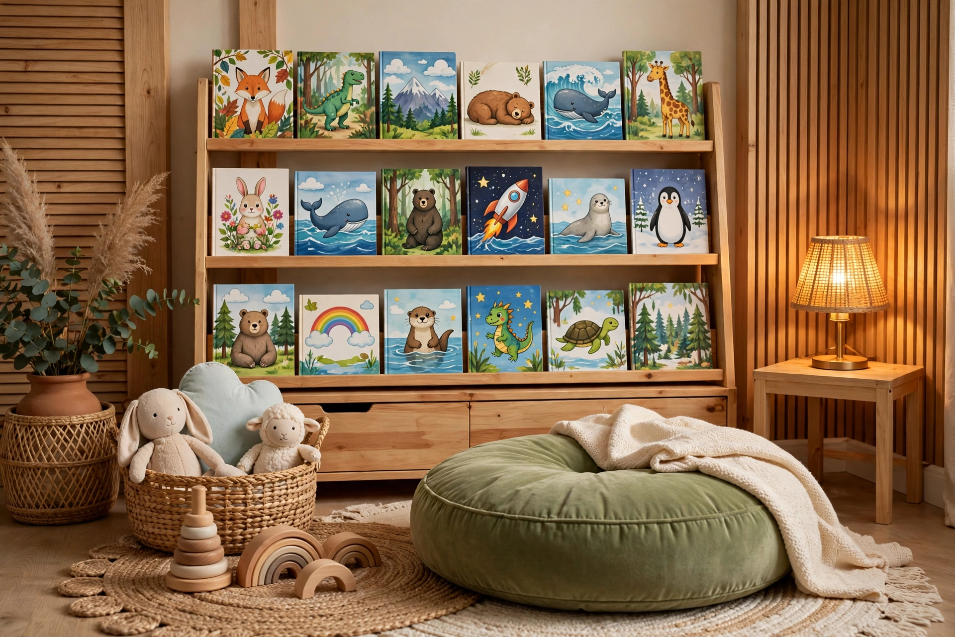 Cozy kids reading corner with a forward-facing book display, floor cushion, and small lamp in warm light.