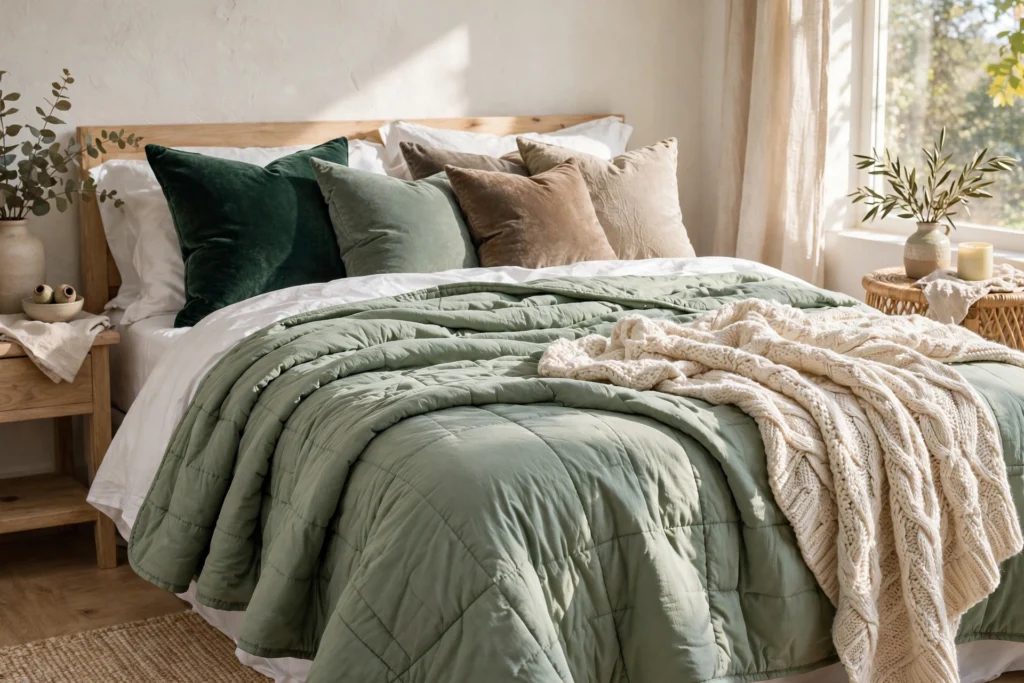 Bed layered with a sage green quilt, white sheets, knit throw, and velvet cushions in mixed textures.