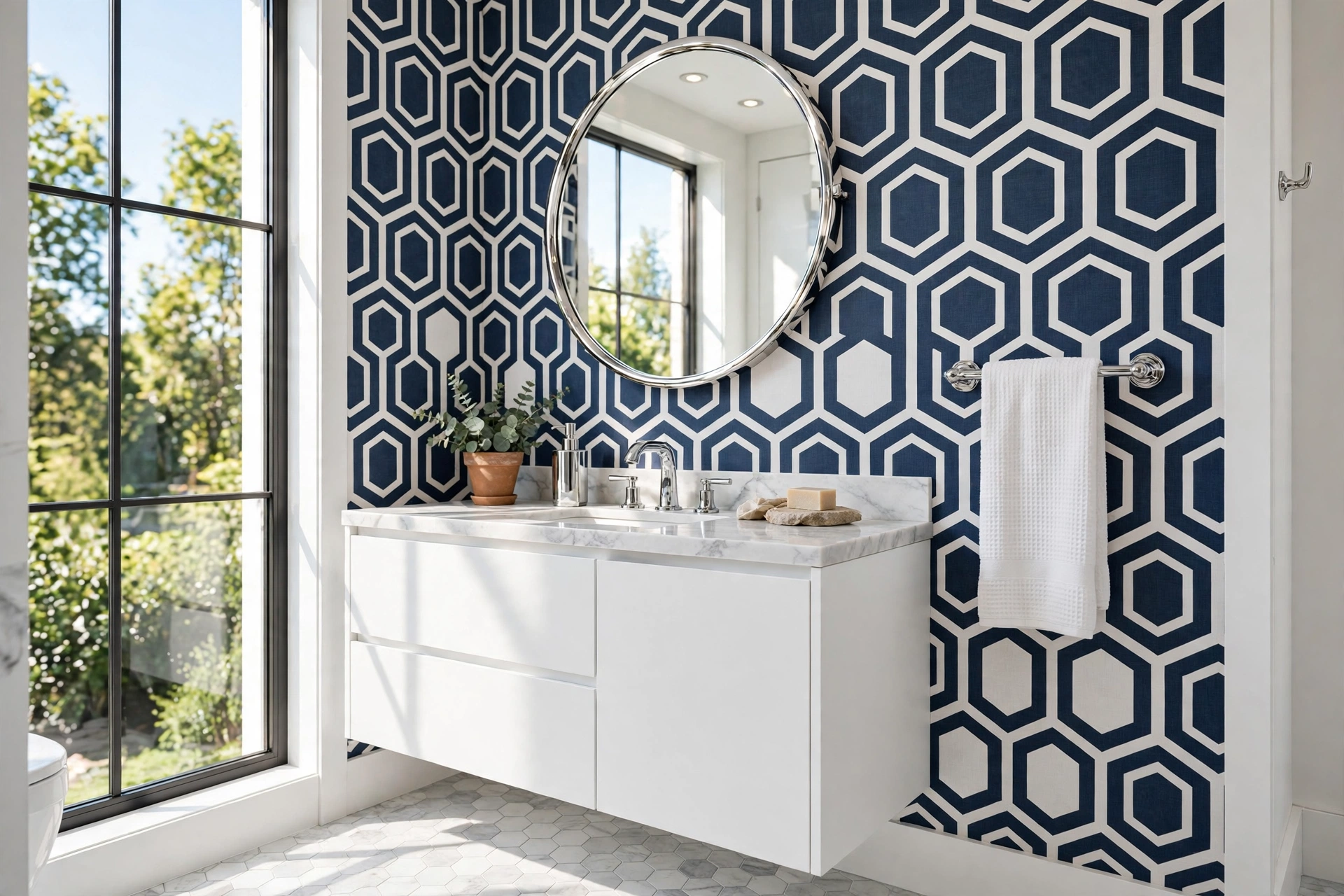 Geometric bathroom wallpaper with navy and white hexagon pattern in a modern small bathroom.