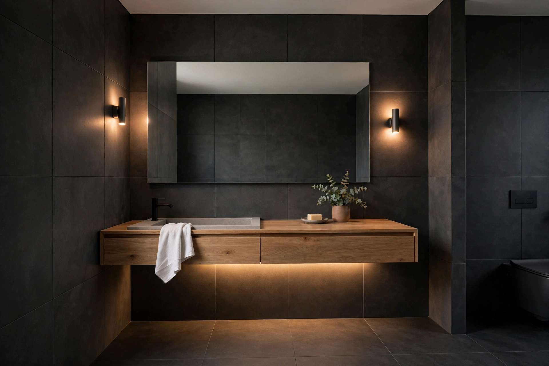 Charcoal tile bathroom with floor-to-ceiling large-format tiles, wood vanity, and soft warm lighting.