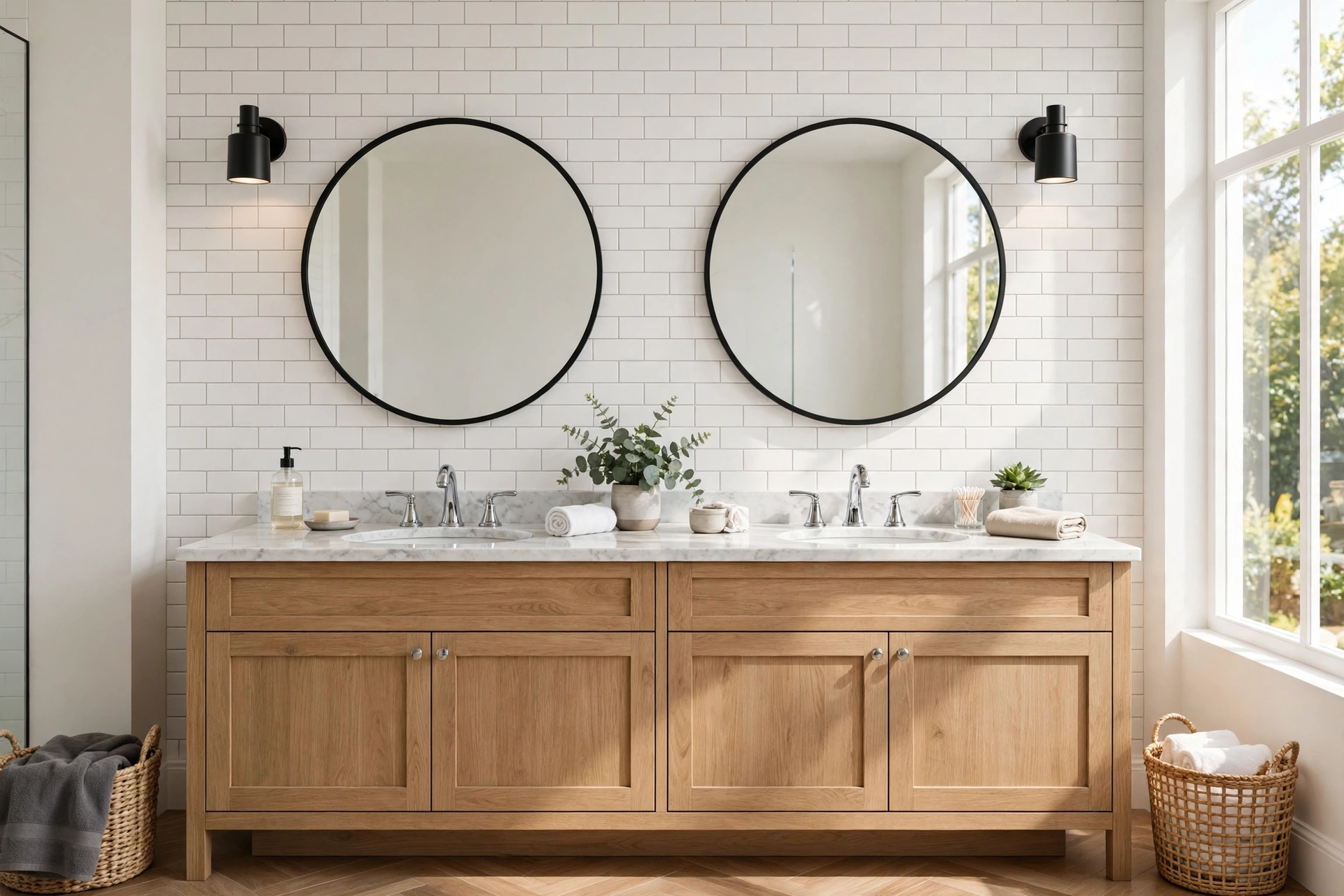 Two matching round bathroom mirrors hung symmetrically over a double vanity with twin sinks.
