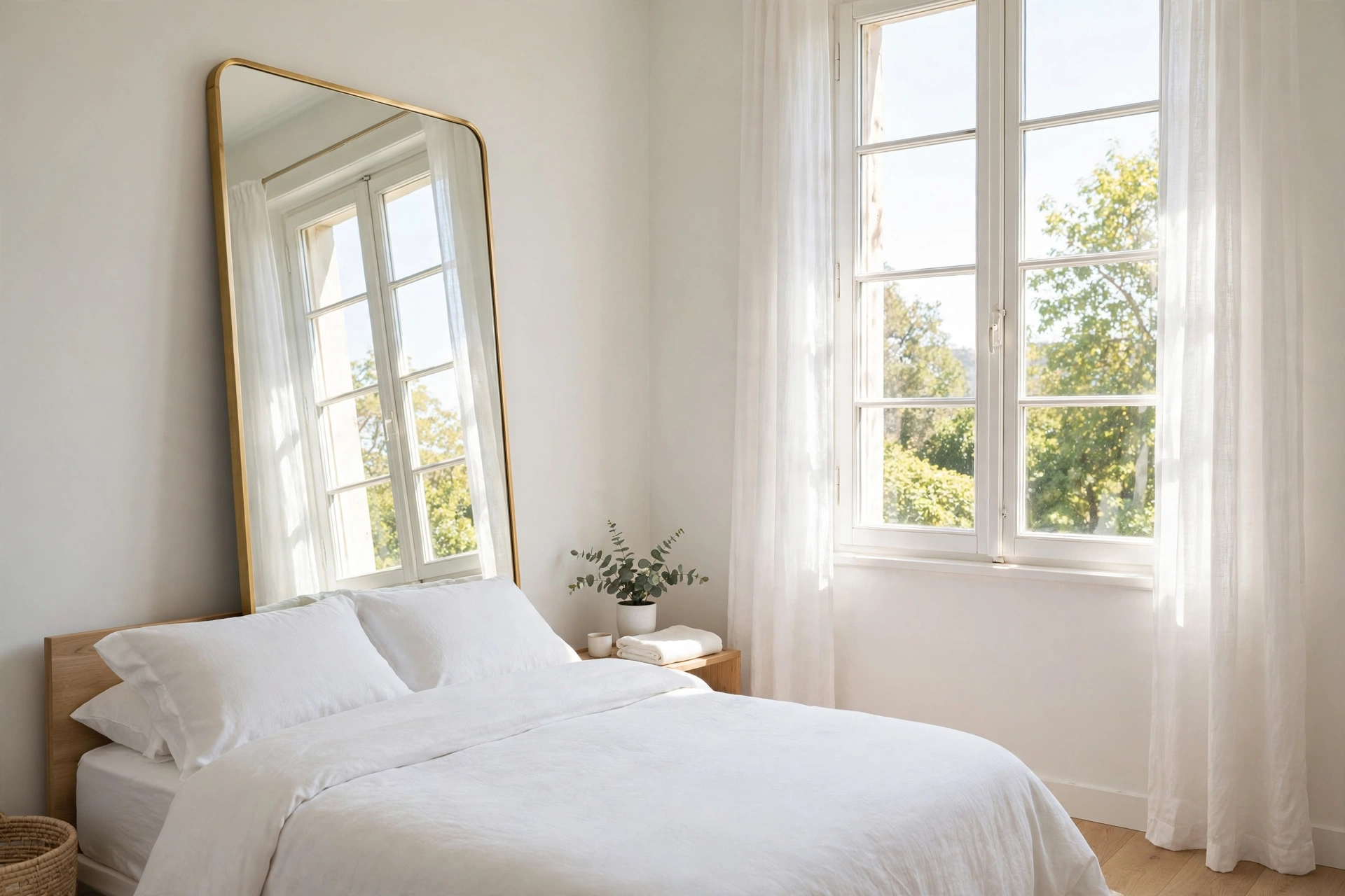 Tall leaning mirror opposite a window doubling light in a small bedroom