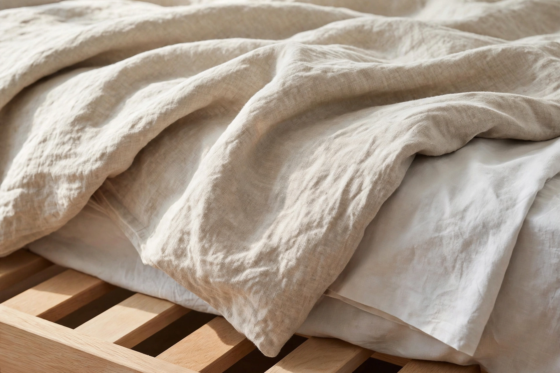 Crisp washed linen bedding in oatmeal on a Japandi platform bed