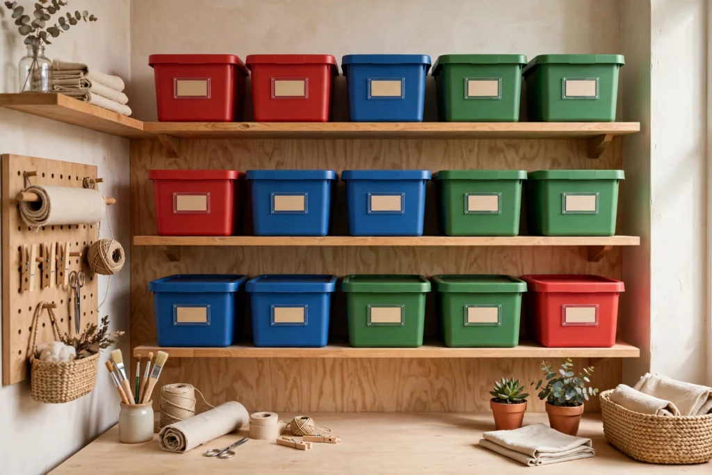 Color-coded storage bins in red, blue, and green stacked on open shelves in an organized craft room.