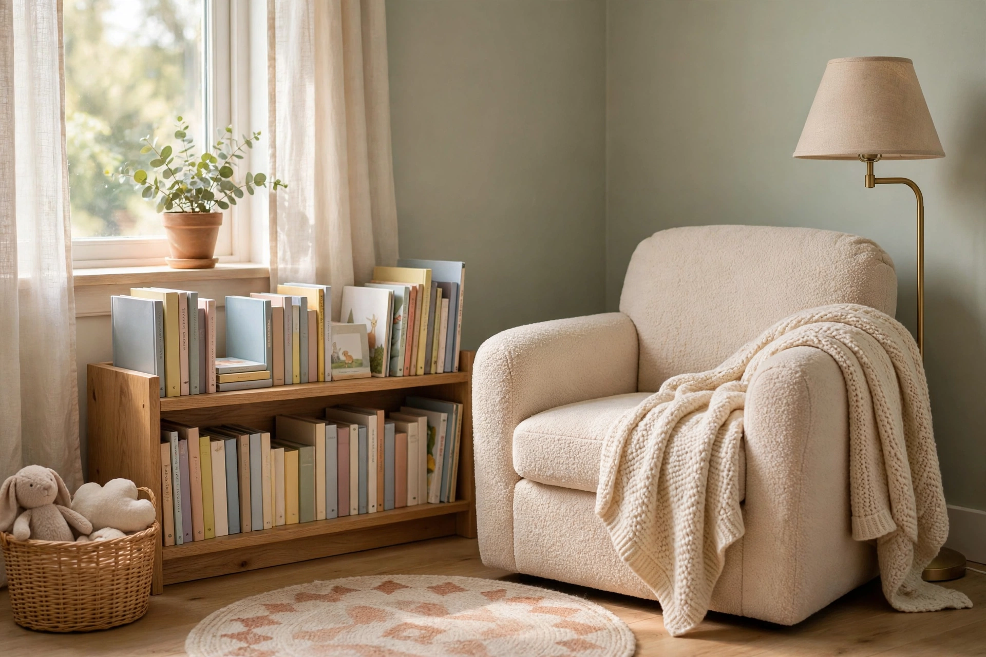 A cozy homeschool room reading nook with a cushioned armchair, floor lamp, and low bookshelf.