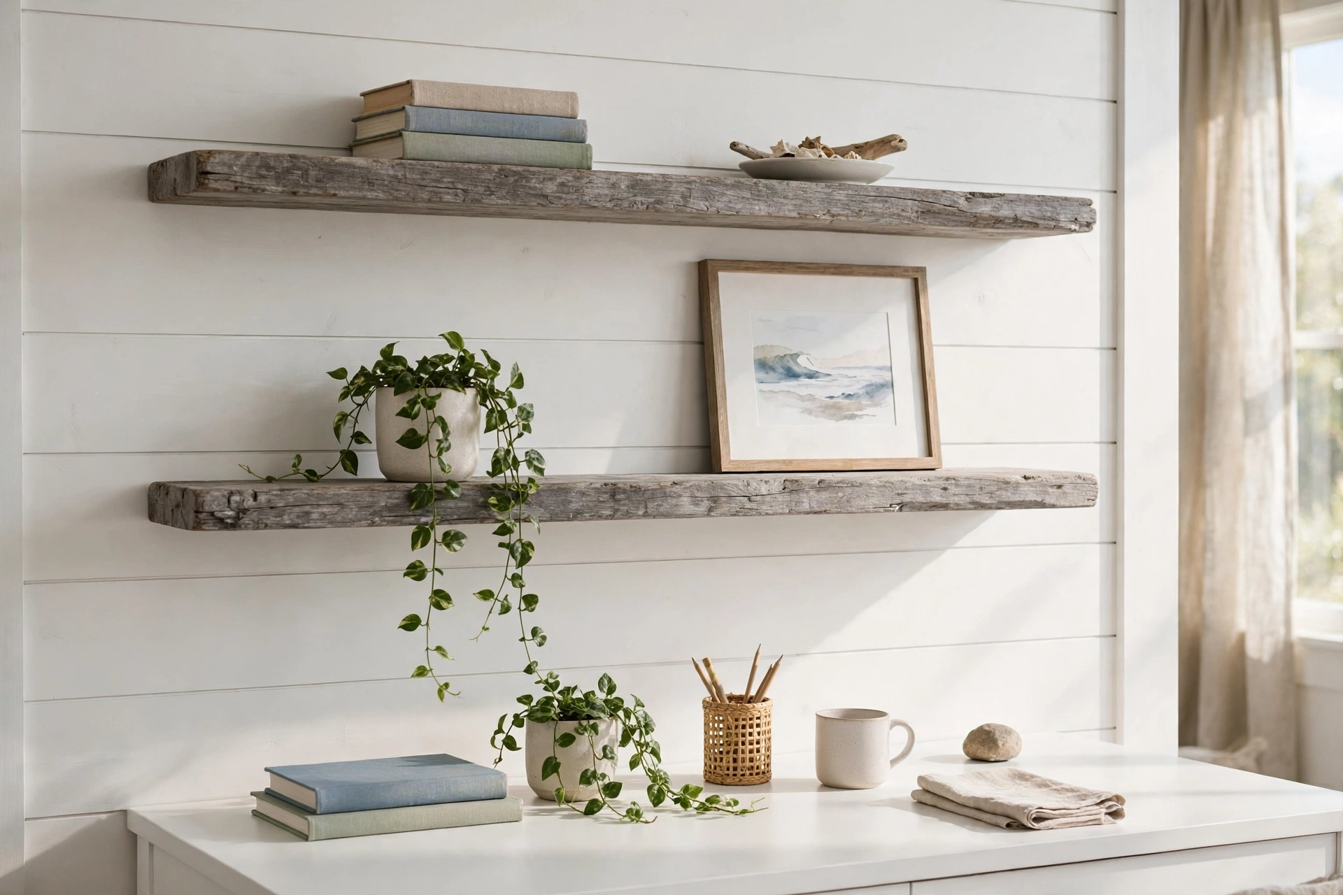 A coastal home office with weathered driftwood floating shelves holding books and a trailing plant.