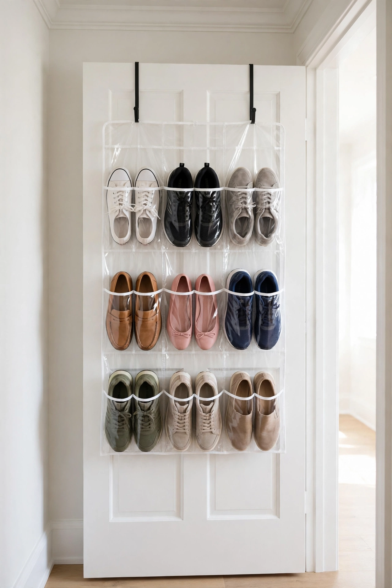 An entryway shoe storage solution using a clear over-the-door pocket organizer on a closet door.