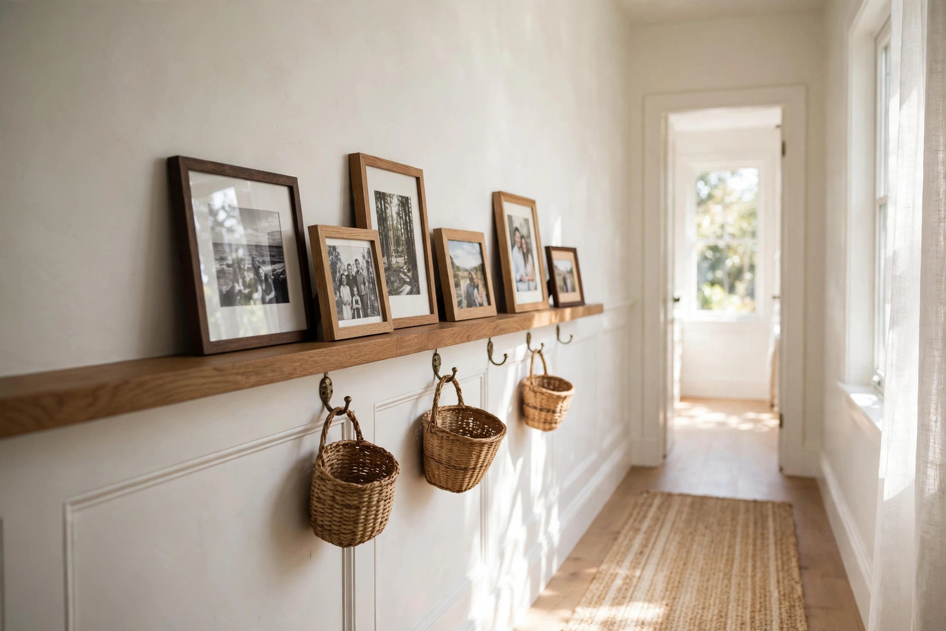 A hallway storage picture ledge displaying framed photos with woven baskets hanging below.