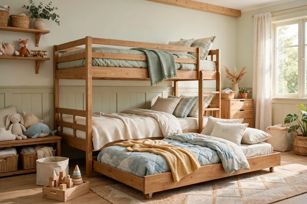 A bunk bed room with a twin bunk and a pull-out trundle bed extended for a sleepover.