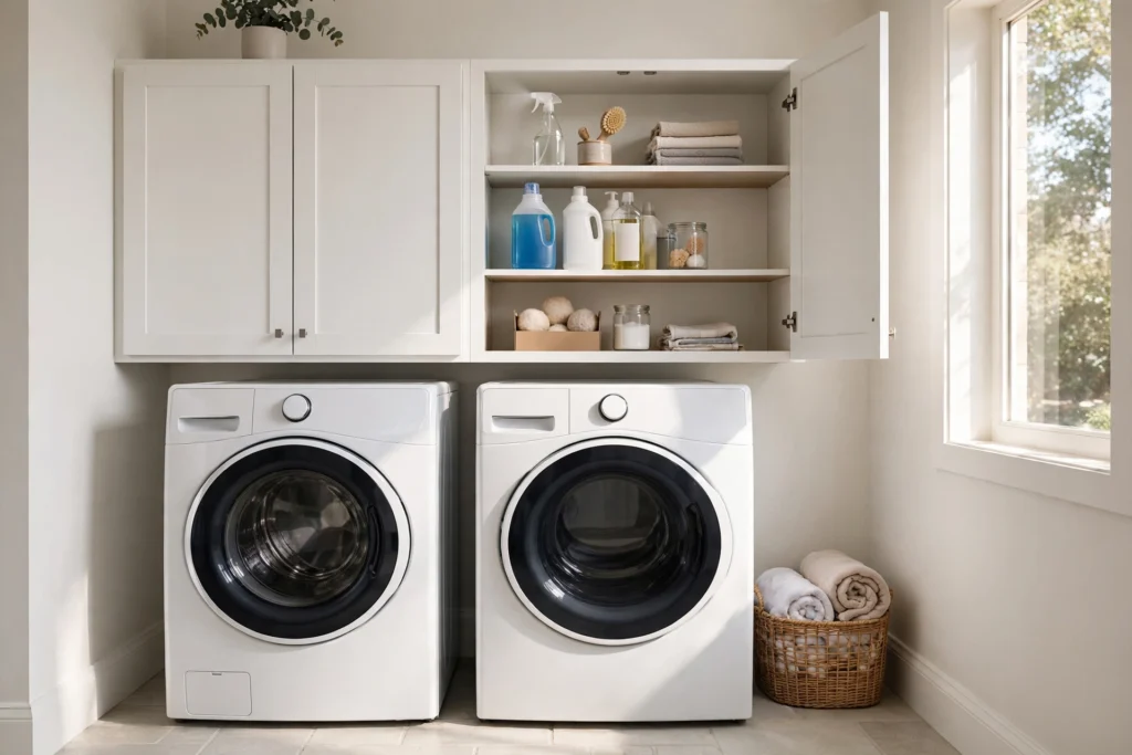 Laundry closet ideas with shallow white wall cabinets mounted above the washer and dryer for bulk supply storage.