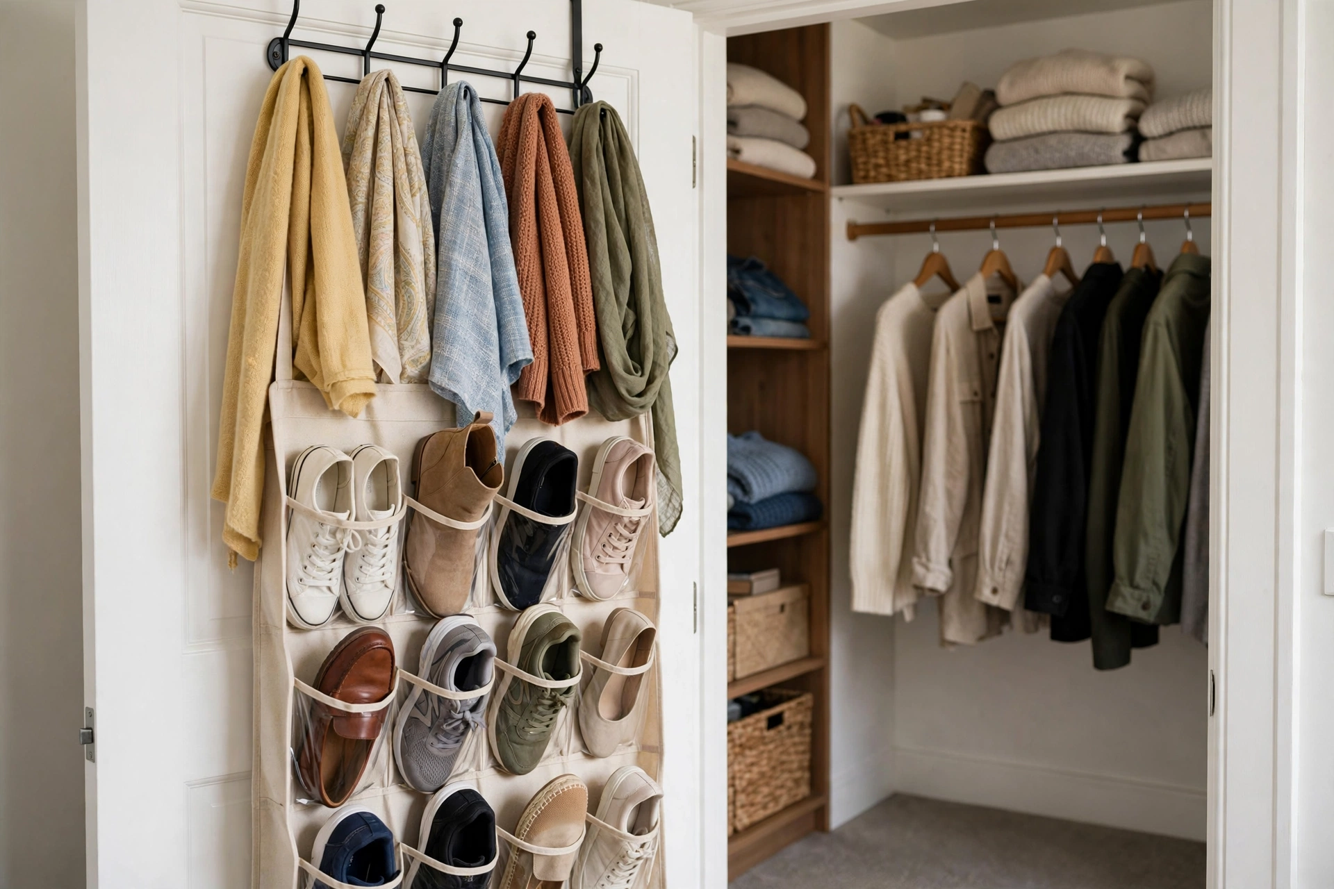 Reach-in closet ideas using over-the-door hooks and a hanging shoe organizer on the inside of closet doors.
