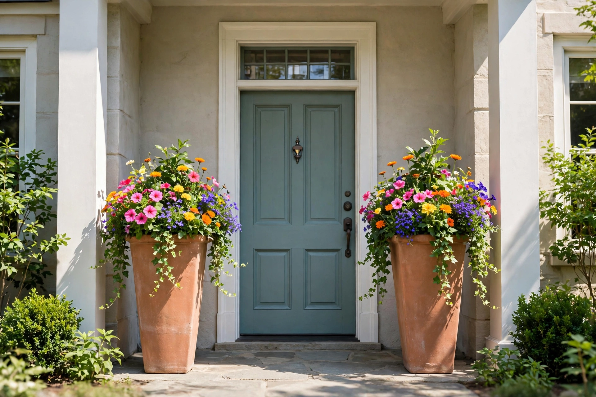 Front porch decorating ideas with tall symmetrical planters of colorful flowers flanking the front door.