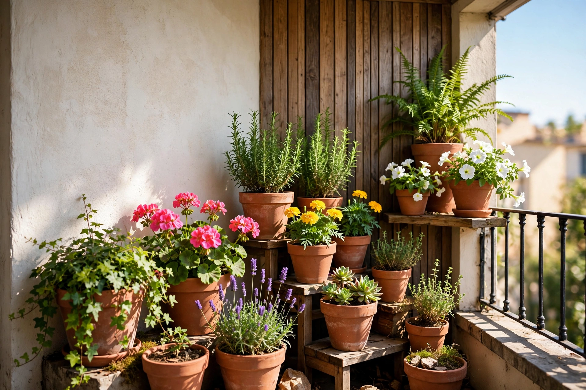 Balcony decor ideas showing a lush container garden of potted plants grouped at varying heights.