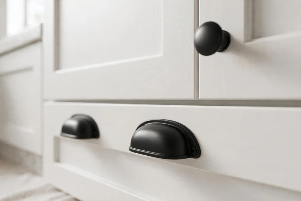 Close-up of matte black bin pulls and knobs on white shaker kitchen cabinets