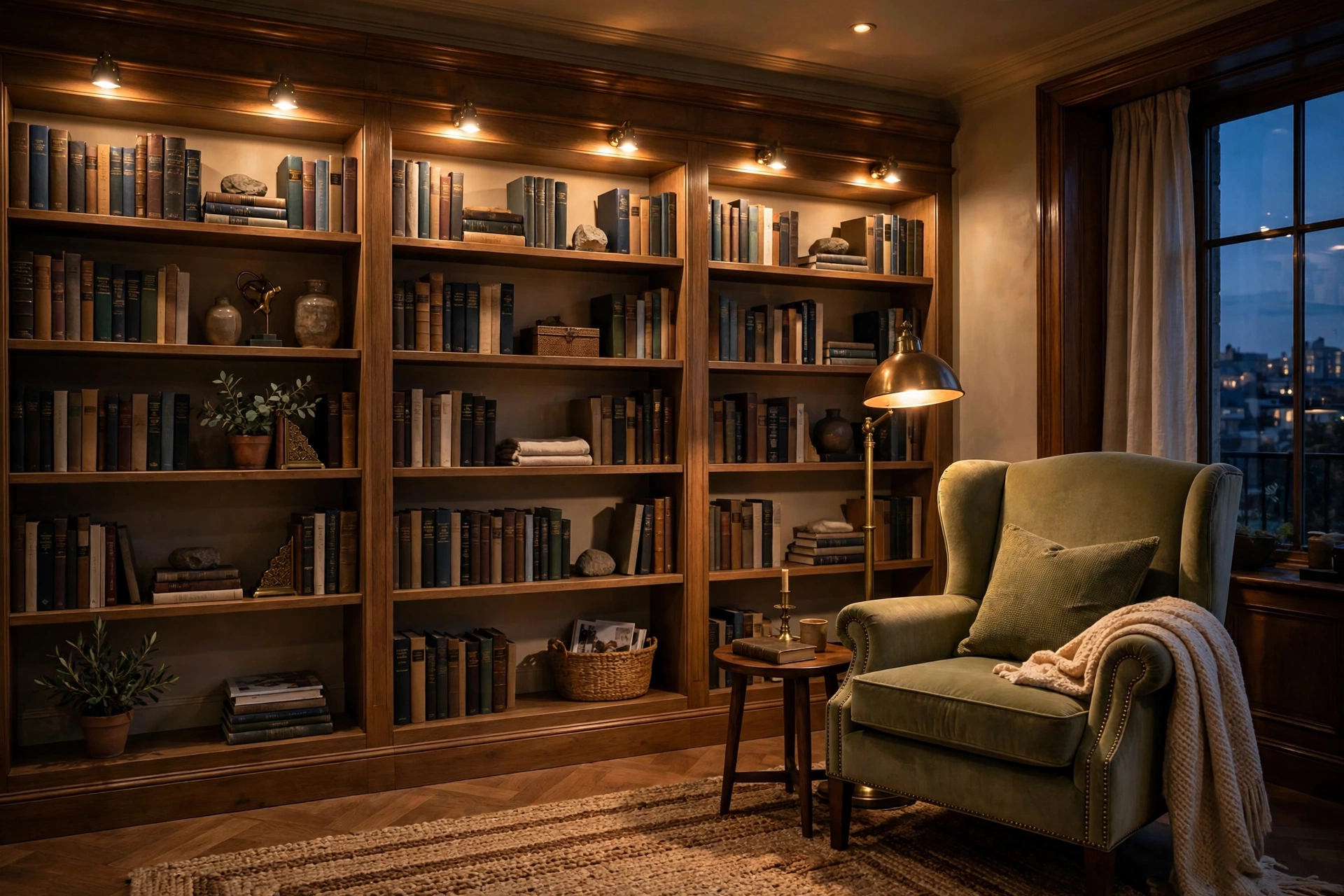Home library design ideas with layered warm lighting from a floor lamp and shelf picture lights at dusk.