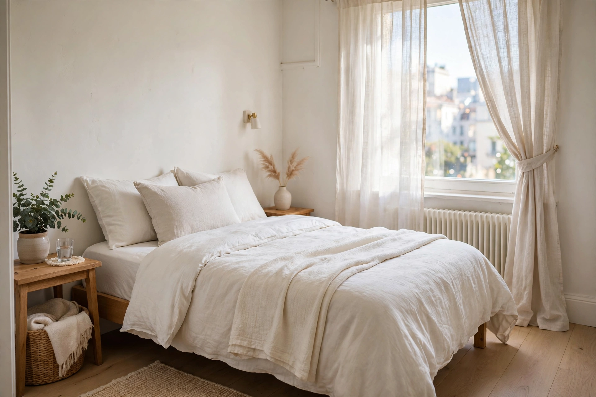 Light airy bedding brightening a small apartment bedroom interior