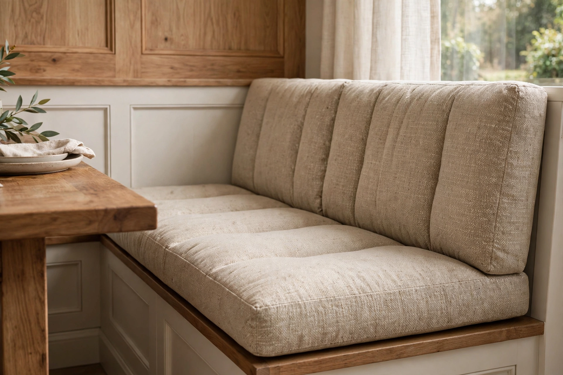 Stain resistant performance fabric cushion on dining banquette