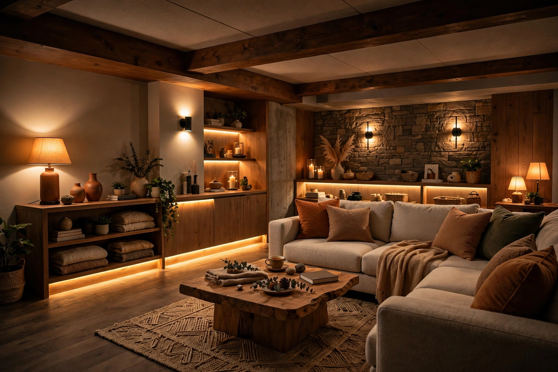 Warm layered lighting with table lamps, sconces, and LED strips in a basement lounge