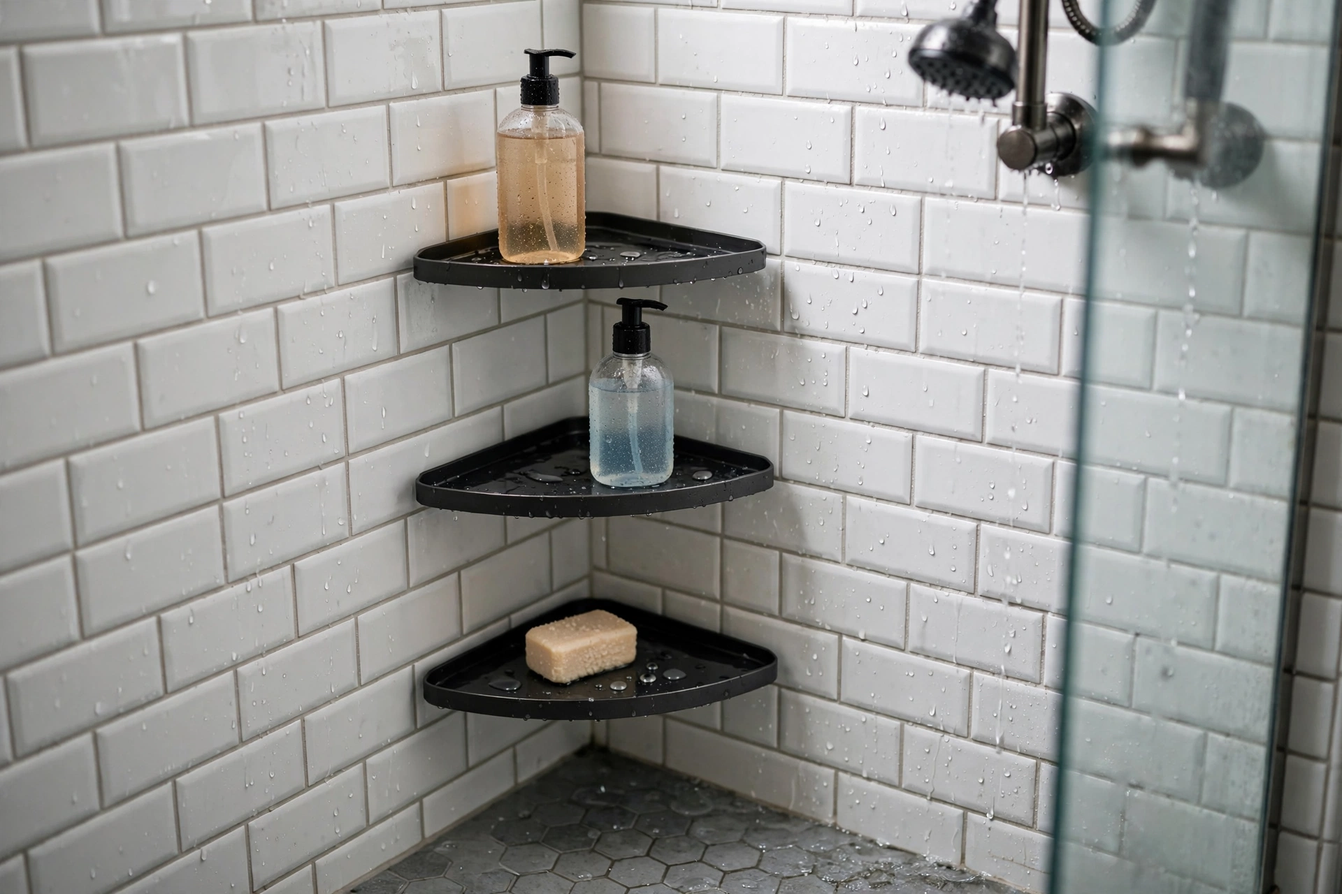 Triangular corner shelves in shower holding shampoo and soap bottles