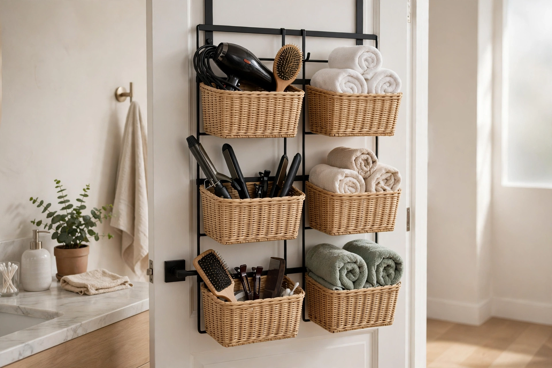 Over the door bathroom organizer with baskets holding hair tools and towels