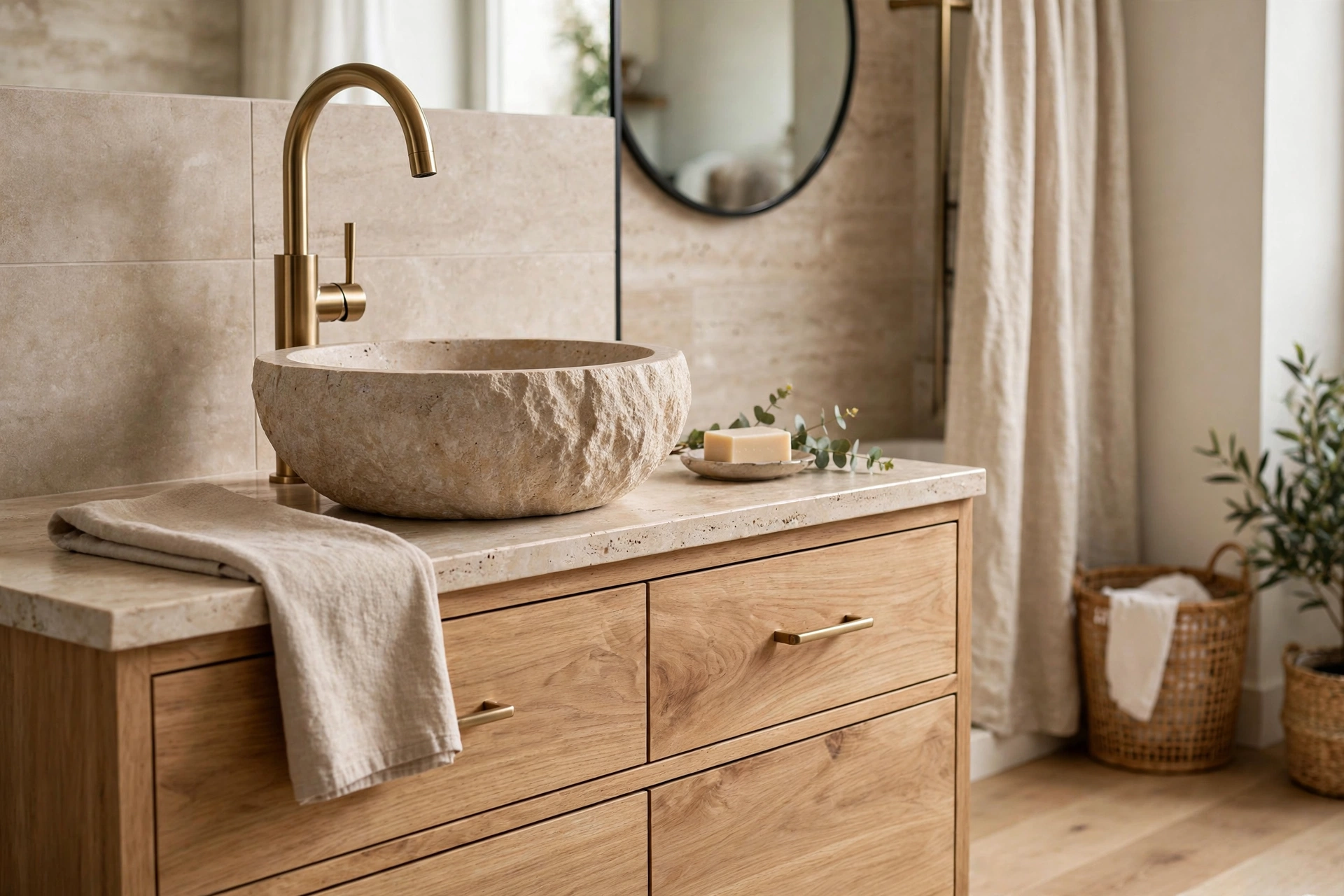 Bathroom vanity with stone vessel sink and tall faucet