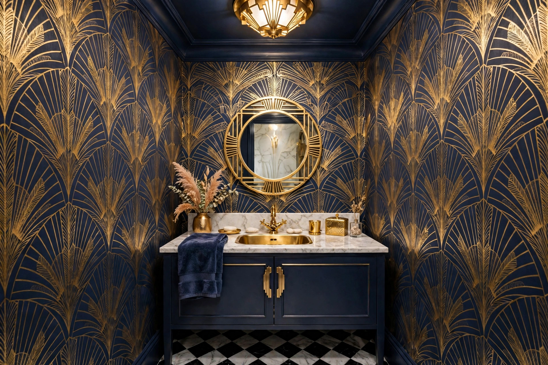 Gold art deco fan wallpaper on navy walls in glamorous powder room