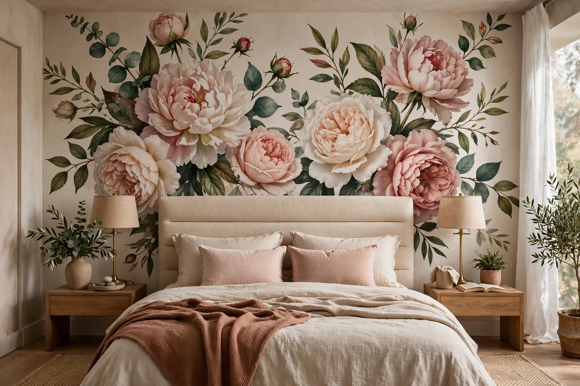 Large-scale floral wallpaper accent wall blooming behind a bedroom headboard