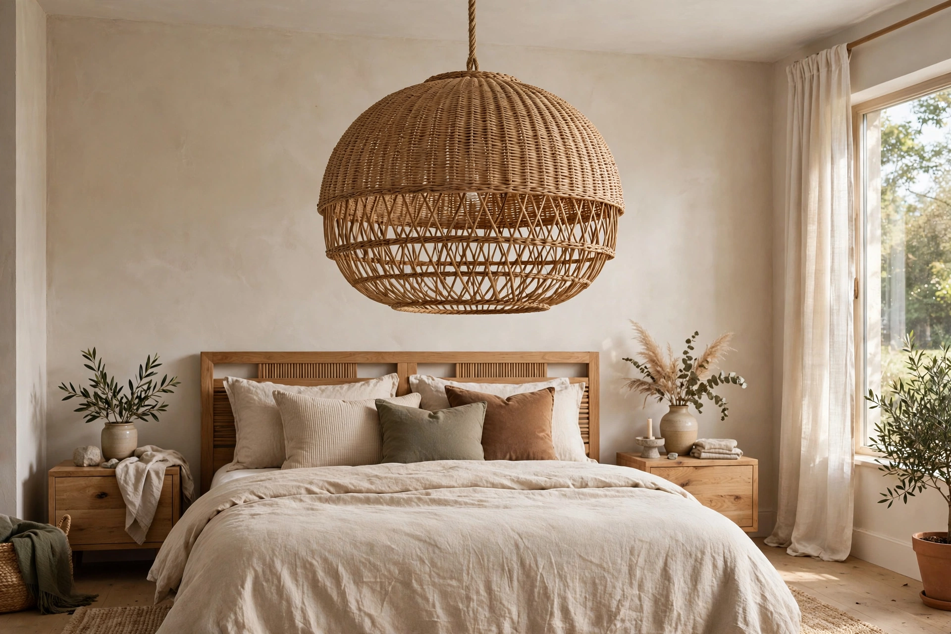Statement rattan pendant light hanging over the bed as a bedroom focal point