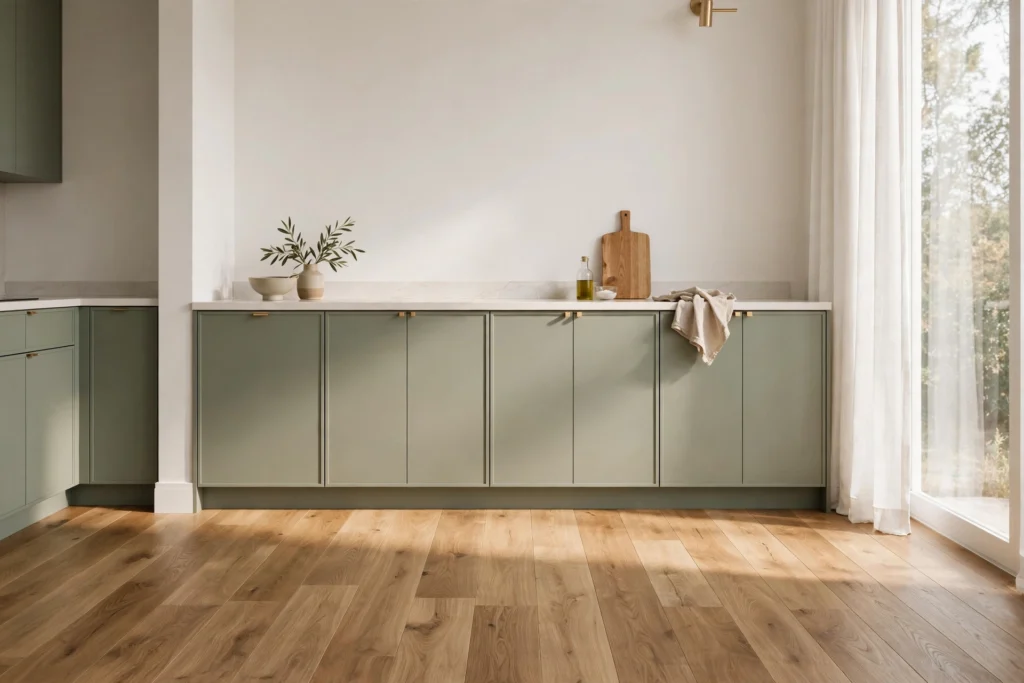 Wide-plank oak floors under sage green cabinets in a warm bright kitchen