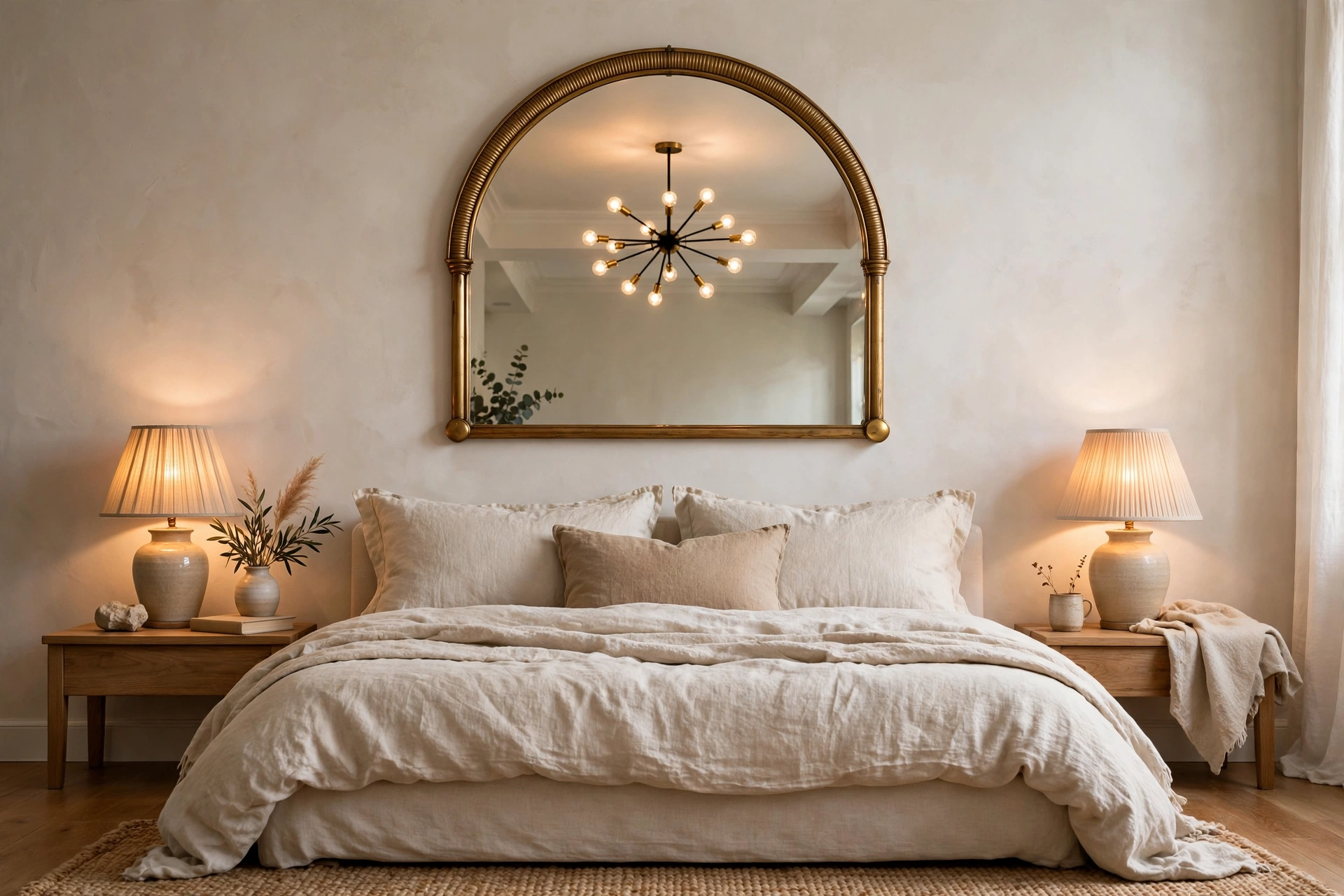 Round arched decorative mirror mounted above the bed reflecting bedroom light