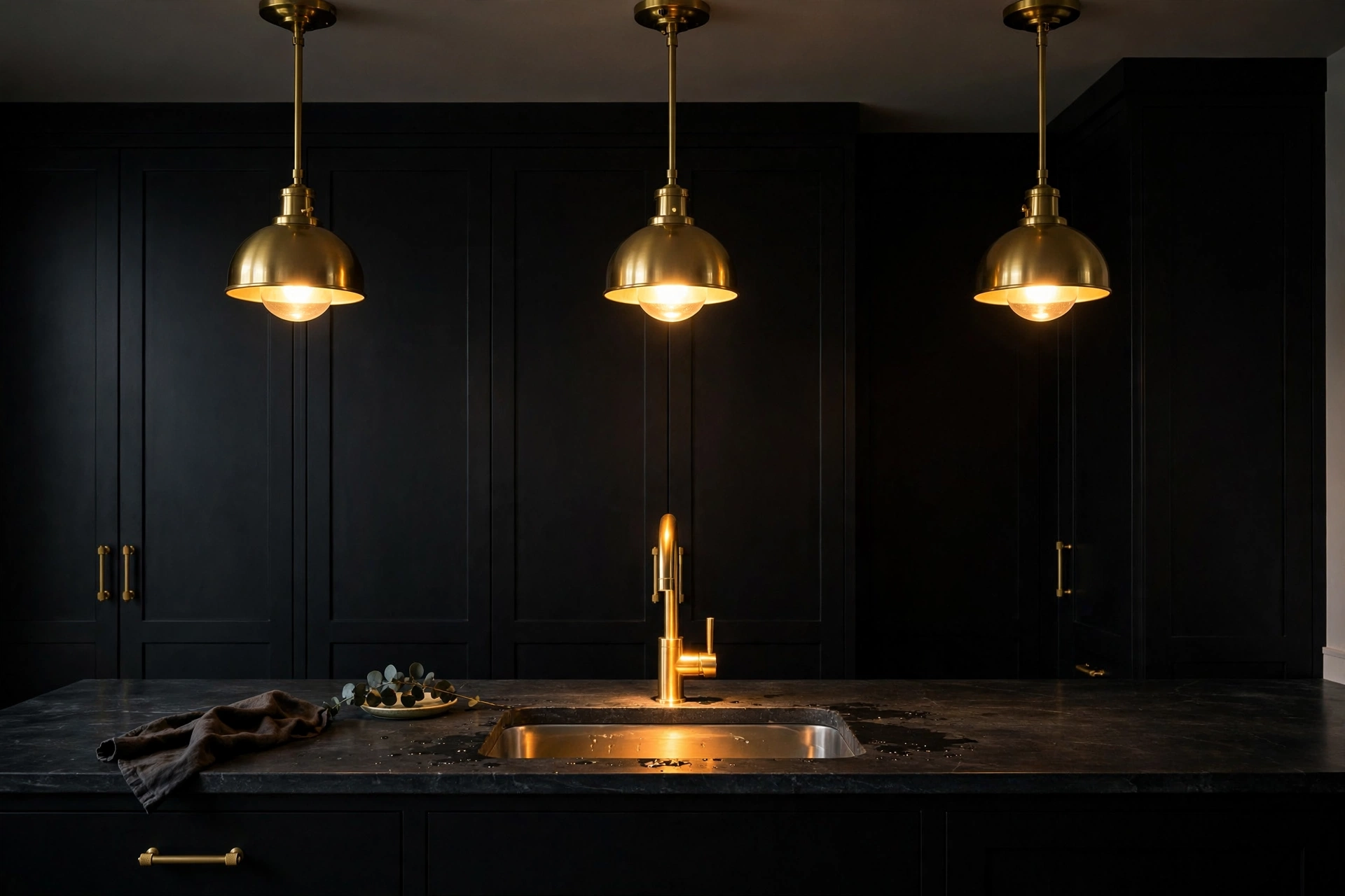 Brass pendant lights and faucet glowing against black kitchen cabinets