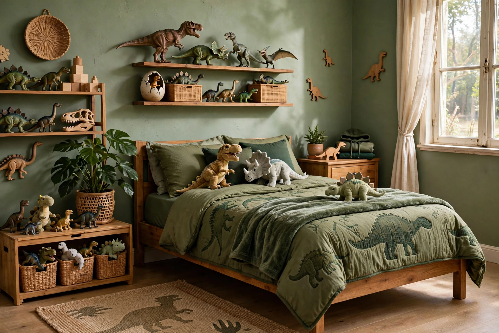 Dinosaur den boys bedroom with green walls and dino toys