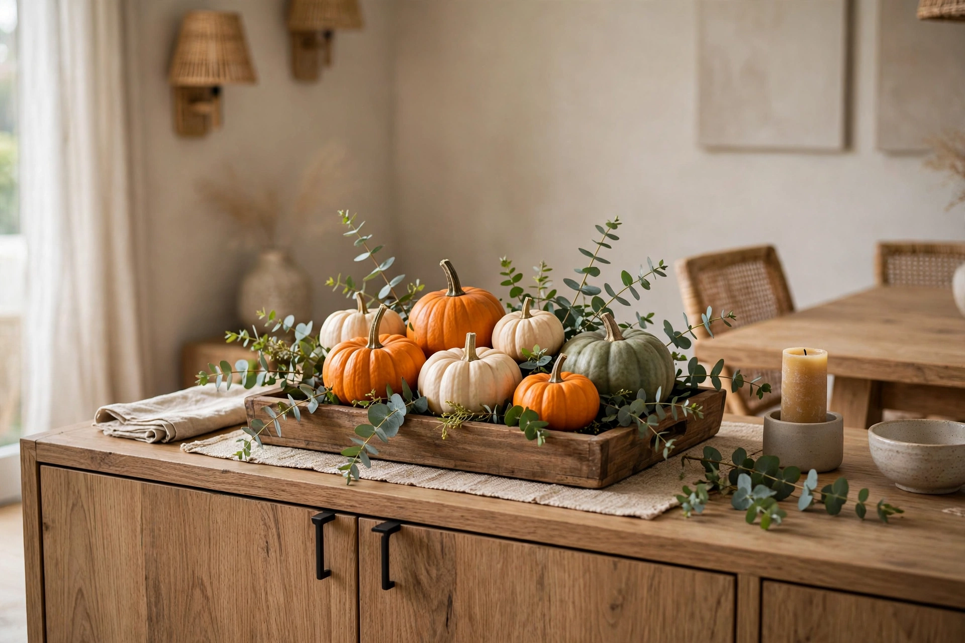 Wooden tray with pumpkins and eucalyptus on dining buffet