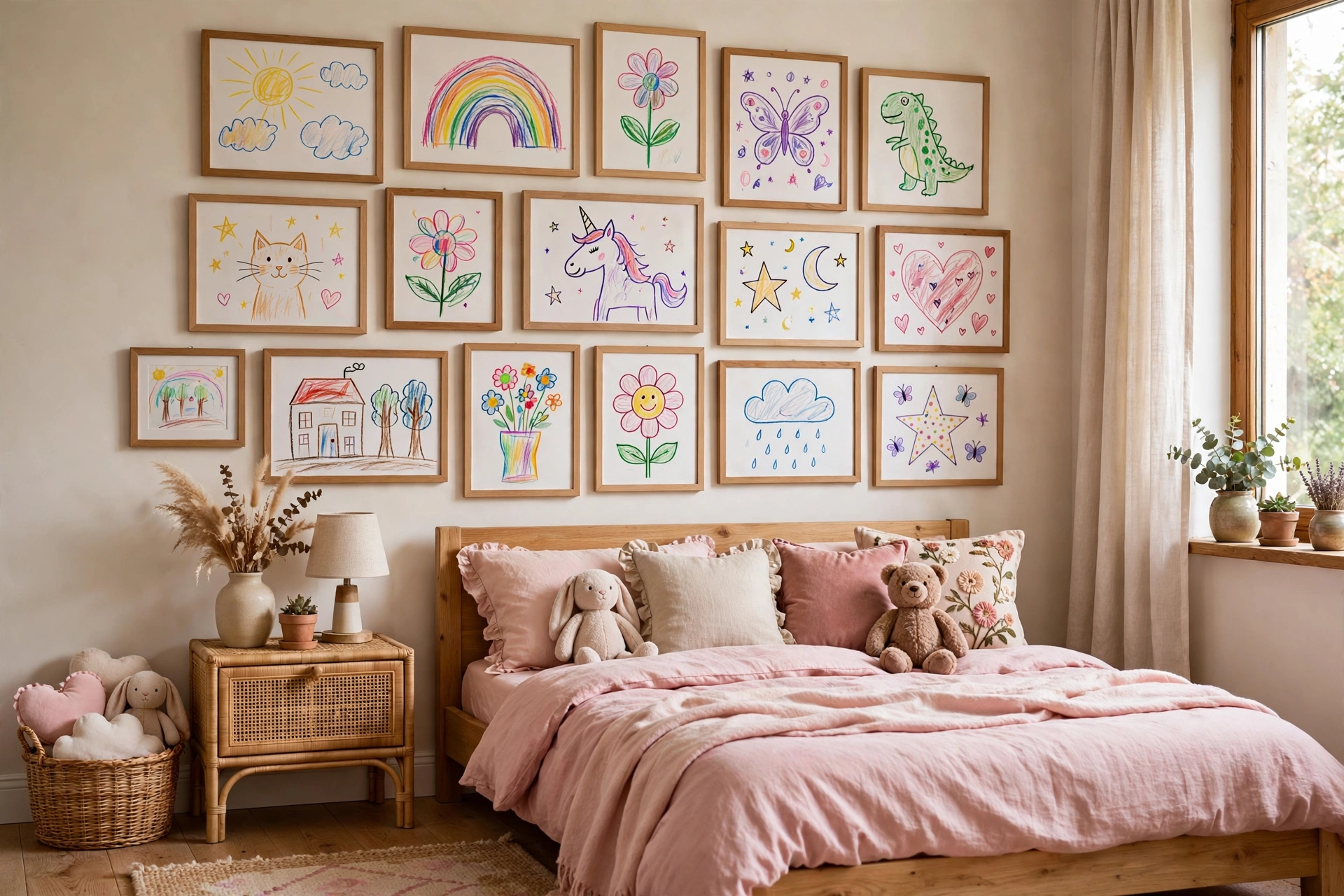 Gallery wall of framed kids artwork in girls bedroom decor