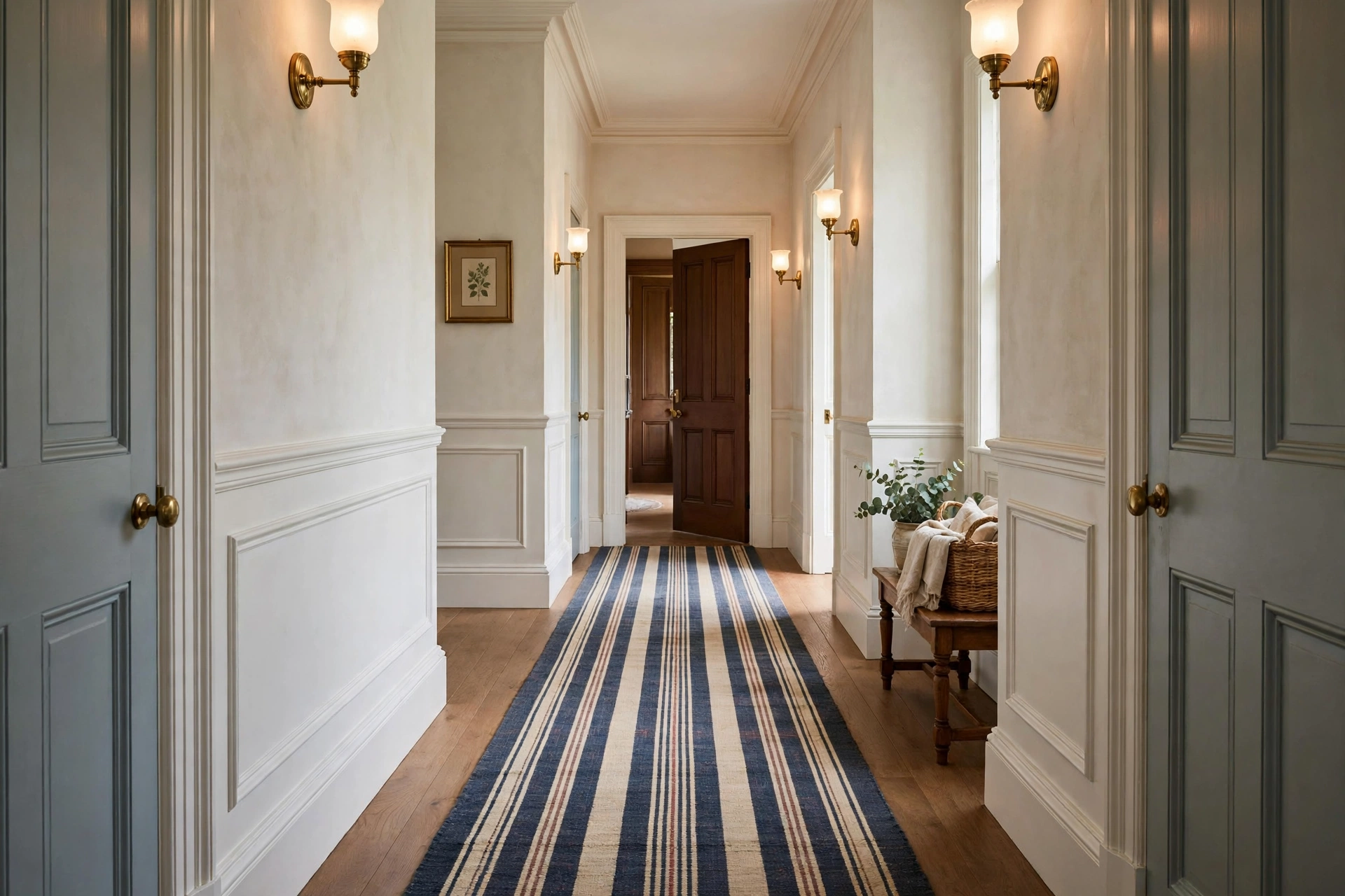 Classic striped runner rug elongating a narrow corridor with timeless style