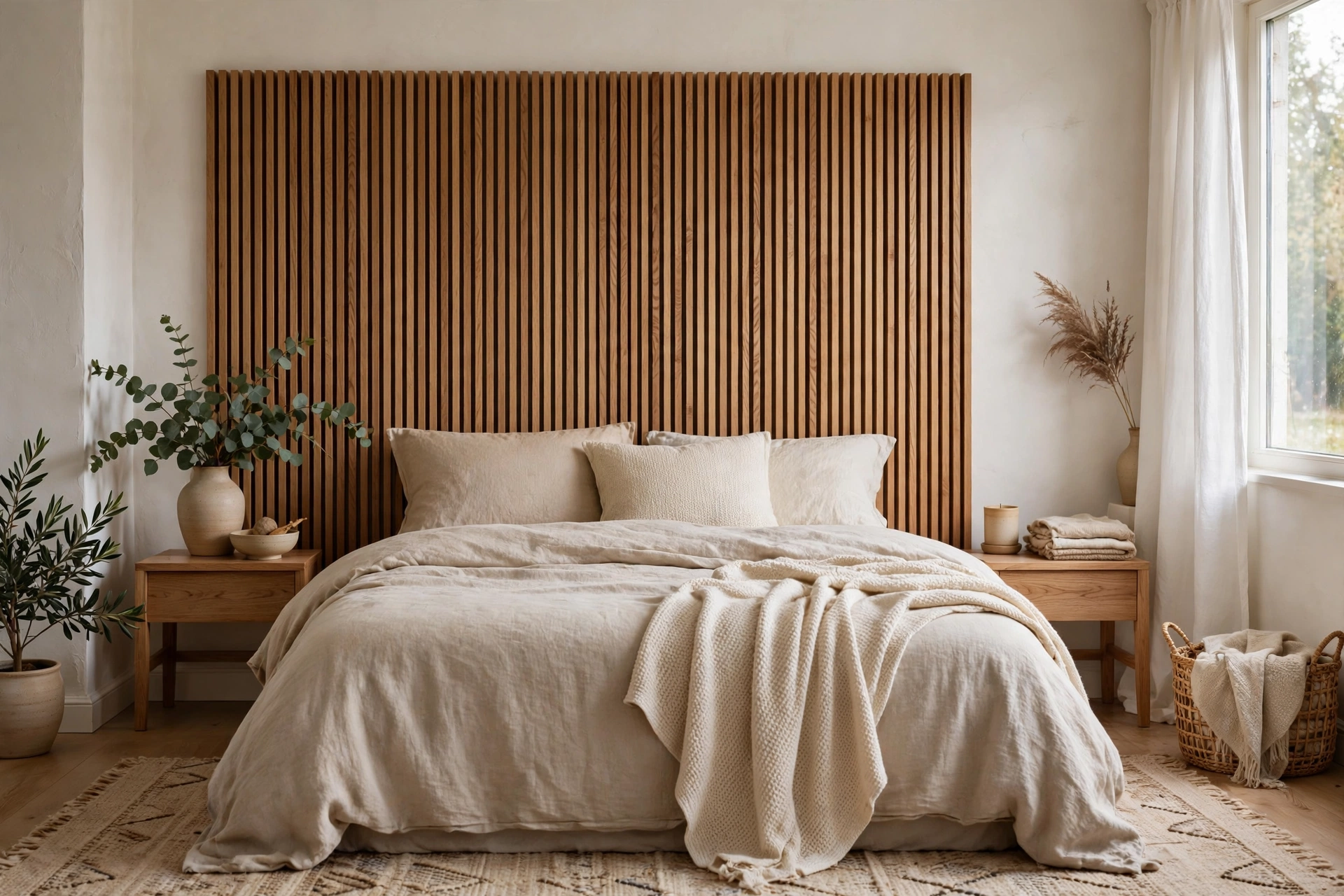 Wooden slat headboard adding warm Scandinavian texture to a bedroom