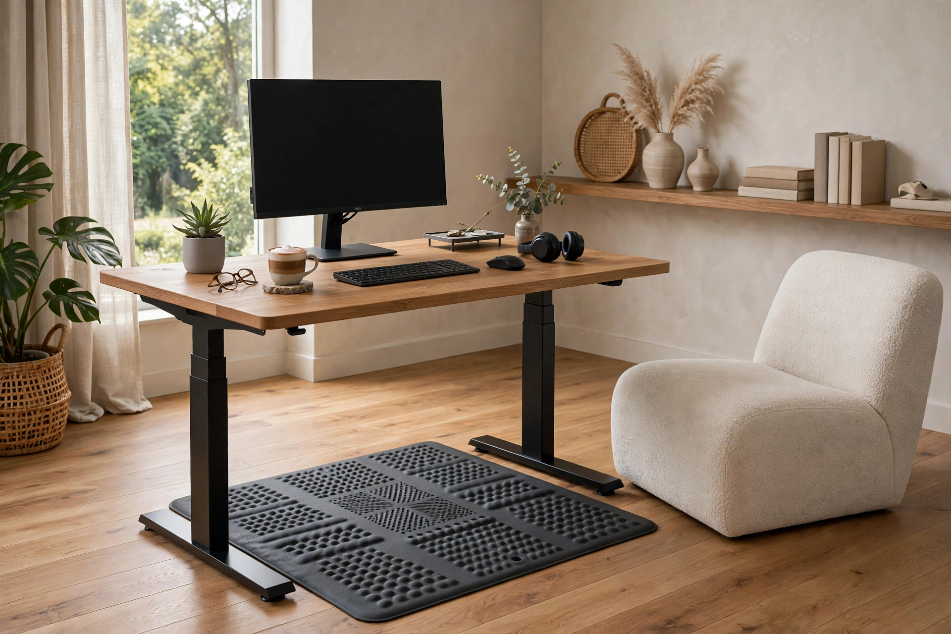 Electric sit stand desk in standing position with anti fatigue mat