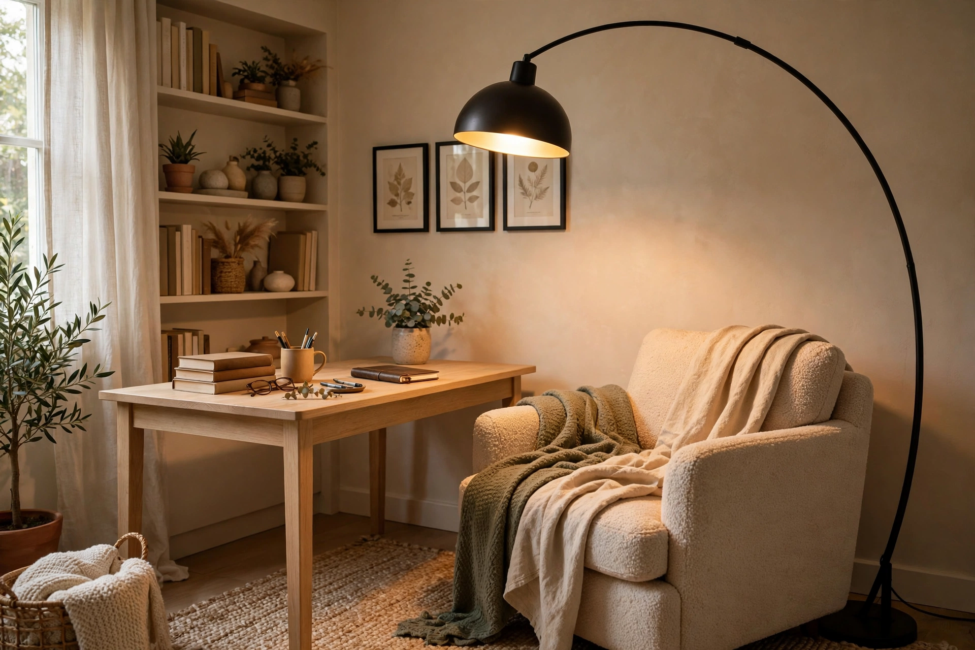Arc floor lamp draping light over reading chair in cozy home office